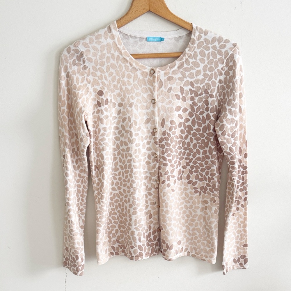 J. McLaughlin white cream tan dotted print cotton modal cardigan sweater sz XS